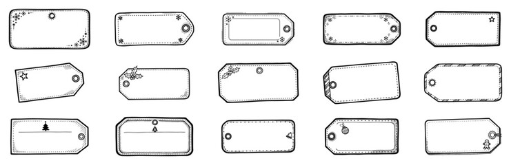 Set of blank gift tags and labels vector illustration featuring hand drawn sketch style frames with christmas details ready for custom text or prices