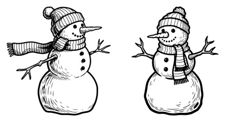 Hand drawn Christmas snowman vector illustration set featuring vintage sketch style characters wearing winter hats and scarves isolated on white