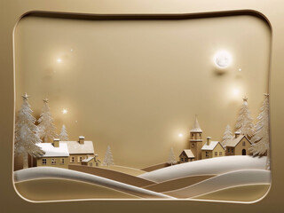 Winter greeting card in warm beige tones: minimalist village and snowy hills
