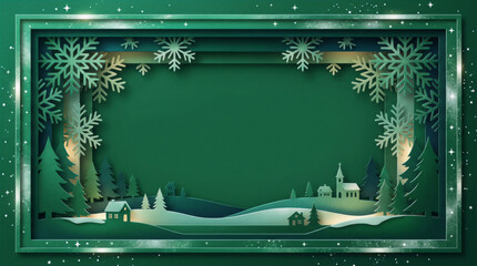 Christmas paper cut greeting card: dark green background with winter village
