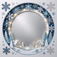 Naklejka premium Round winter paper cut photo frame: mirror center with snowy village