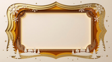 Christmas paper cut frame: golden background with winter village