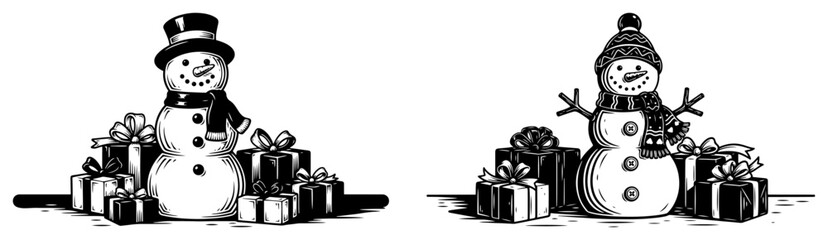 Christmas snowman vector illustration set featuring characters wearing winter hats and scarves surrounded by gift boxes and presents in black and white style