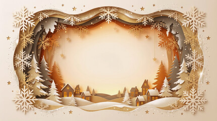 Christmas paper cut background: golden winter village with copy space
