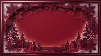 Christmas paper cut background: winter village on burgundy backdrop