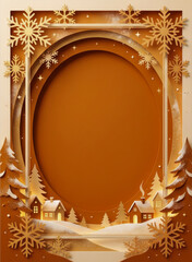 Christmas paper cut frame: winter village on golden background﻿