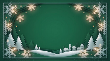Christmas paper cut background: winter village on green backdrop﻿
