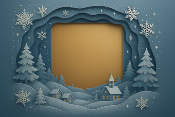 Christmas paper cut frame: winter village with golden copy space﻿