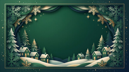 Christmas paper cut background: winter village on dark green backdrop