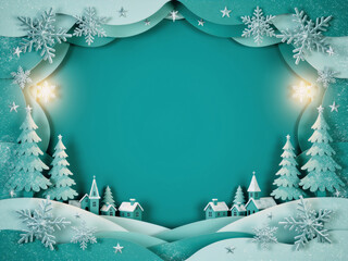 Christmas paper cut background: winter village on turquoise backdrop
