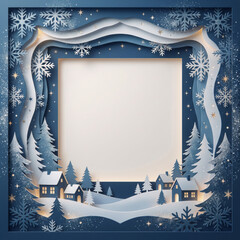 Christmas paper cut frame: winter village with copy space﻿