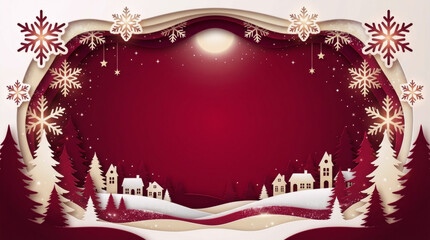 Festive greeting card: snowy houses and fir trees on burgundy sky﻿

