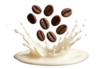 Obraz premium Coffee beans creating a dynamic splash in milk or cream, illustrating fresh ingredients for a delicious drink on transparent background