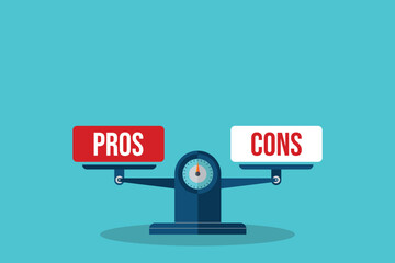 Pros and cons. The words pros and cons balanced on a seesaw. Comparing positive advantages or negative disadvantages	