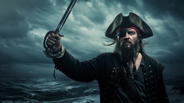 Bearded pirate man holding sword over choppy sea in a stormy night, a classic pirate adventure concept footage