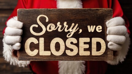 Santa Holding a Closed Sign: End of Season, Christmas Holiday Break, Business Closure Announcement