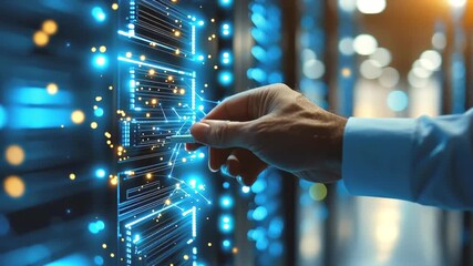 Server specialist using a digital pen to manage and control futuristic holographic servers in a modern data center, highlighting innovation in network infrastructure - Powered by Adobe