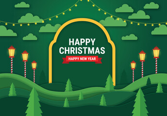 Happy christmas and new year greeting card design with festive green landscape, paper cut style, and glowing lanterns vector illustration