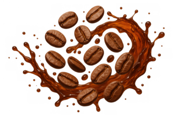 Coffee beans falling and splashing into dark liquid. Transparent background highlighting movement, energy, and freshness for drinks