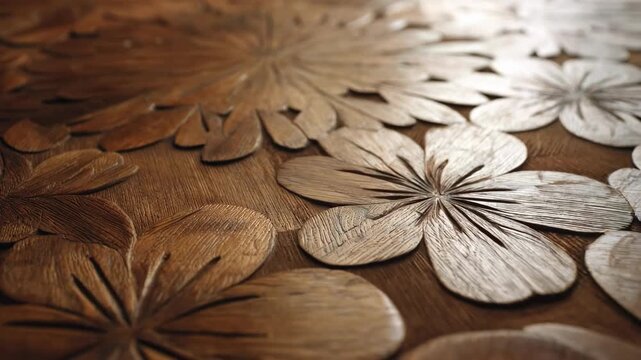 Medium shot highlighting floral wood inlay patterns with delicate petals and leaves carved into polished wood surfaces for elegant decor.