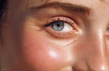 Obraz premium Close-up Portrait of a Woman's Eye with Glowing Skin, Beauty and Health Focus, Natural Lighting