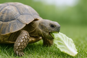 Tortoise Enjoying a Leafy Meal in Lush Green Grass, Close-up Shot Emphasizing Texture and Detail
