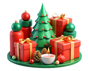 Festive 3D Christmas Scene with Gifts, Tree, and Holiday Decor on Transparent Background PNG