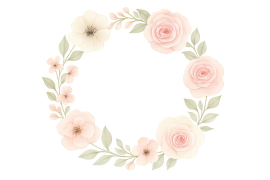 Watercolor floral wreath with pink roses and green leaves on transparent background