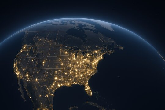 United States at Night from Space: City Lights and Global View, High-Resolution Render