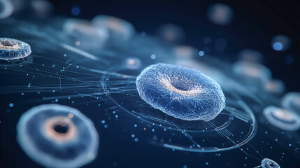 Scientific microscopic view of biological cells floating with luminous digital structures representing biotechnology research modern technology innovation concept design visualization modern technol