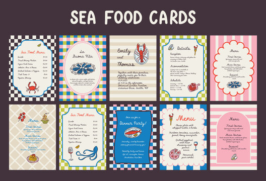 Whimsical hand drawn sea food poster and menu template in trendy whimsical style. Perfect doodle for quirky italian dinner  restaurant and cafe, kitchen wall art, poster,  party, birthday, sign