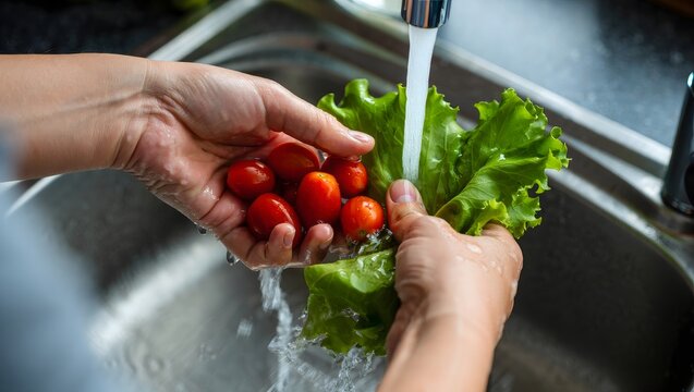 Hands Washing Lettuce and Cherry Tomatoes Under Running Water