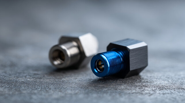 Two metal fittings, one with a blue finish and the other silver, are shown on a gray surface