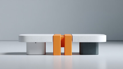 A white table with orange and grey blocks on it