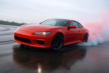 Sleek Red Coupe Drifting on Wet Asphalt Leaving Colorful Smoke Trails, Illustrating Performance and Automotive Action