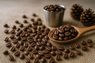 Fototapeta premium Roasted Coffee Beans on Burlap with Wooden Spoon and Metal Cup for Commercial Use