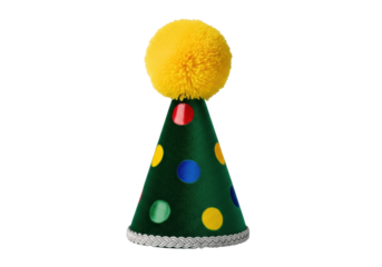 A luxurious emerald green velvet party hat with colorful polka dots, silver trim, and yellow pom-pom, isolated on a seamless white background with rim light. Concept for upscale celebration