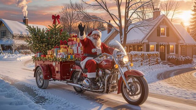 Santa Claus rides a red motorcycle with a sidecar trailer full of Christmas presents through a snowy residential area. He waves to the camera during his festive holiday delivery