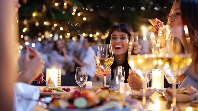 Multiethnic group sharing laughter and wine during outdoor sunset dinner, enjoying intimate moment of friendship and connection with scenic coastal backdrop