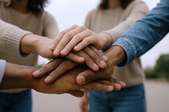 Diverse hands join together in a show of unity, teamwork, and shared accomplishment outdoors