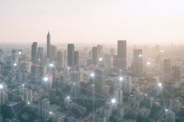 Modern Cityscape with Network Connection Overlay Depicting Urban Technology and Global Communication Infrastructure