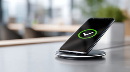 A smartphone is charging wirelessly on a charger with the battery icon showing full charge and green check mark indicating it's complete