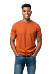 Fototapeta premium Young african american man, early twenties, athletic build, wearing a bright orange t-shirt, standing, smiling confidently on a seamless white studio backdrop. concept of youthful freedom and casual