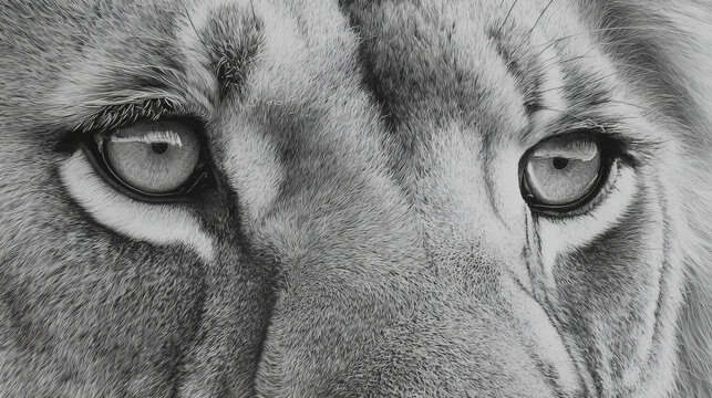 Close-up pencil drawing of a lionâs face with detailed fur texture and intense, expressive eyes