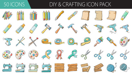 Diy & crafting icon pack: hand-drawn style vector illustrations of tools, art & hobbies