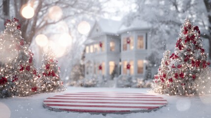 Fototapeta premium Festive Christmas Display Podium in Snowy Outdoor Scene with Decorated Trees and Holiday Home Backdrop