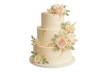 Wedding cake featuring delicate roses and gold accents