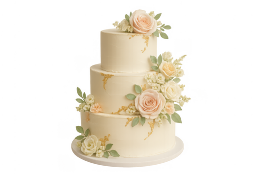 Wedding cake featuring delicate roses and gold accents