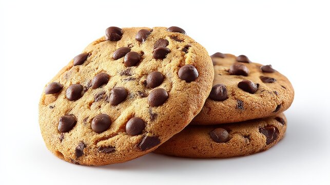 Delicious Stack of Freshly Baked Chocolate Chip Cookies on a White Background, Perfect Treat