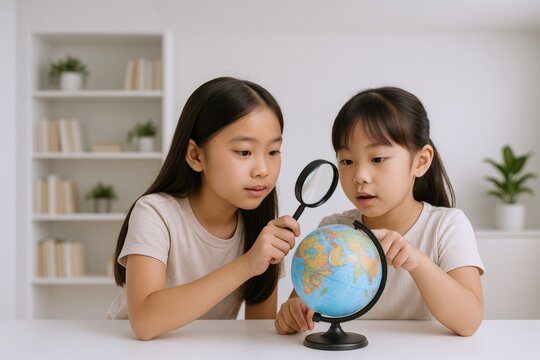 Two Young Girls Exploring the World with a Globe and Magnifying Glass, Curious Learning